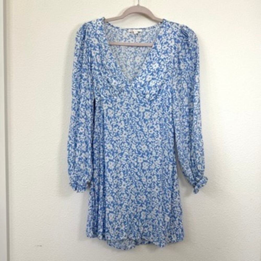 GB Blue White Floral Mini Dress S Long Sleeve‎ Boho Cottagecore Romantic Spring